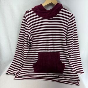 d&co‎ Denim Company Burgundy White Stripe Velour Trim Hoodie Pocket Top Womens S